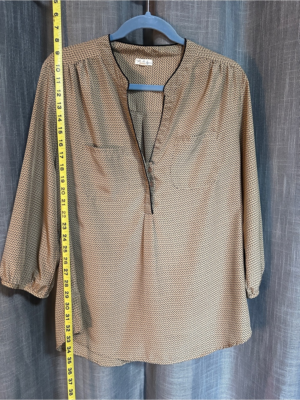 Antilia Femme Tan Printed Split-Neck Blouse with Black Trim